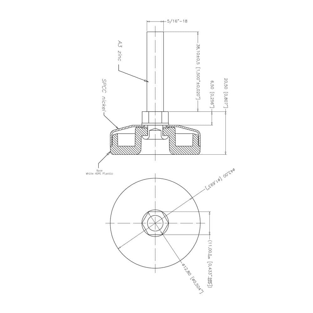 (100-Pack) Titan Nickel-White Hex Base 5/16-18 Thread x 1-1/2 in. L Stem Furniture Replacement Leveler with Insert - Hercitys