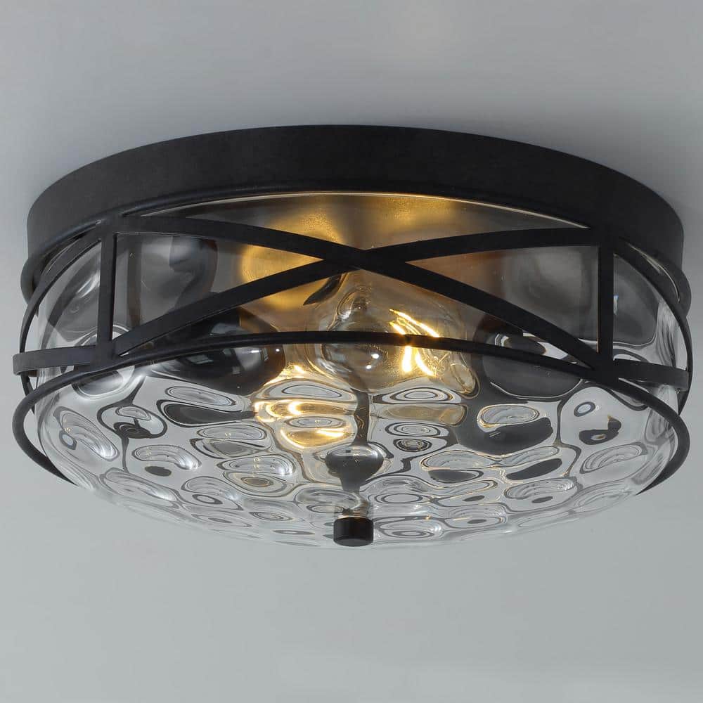 11.4 in. 2-Light Farmhouse Flush Mount Ceiling Light Fixture with Water Ripple Glass Shade - Hercitys