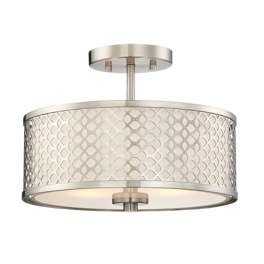 13 in. W x 10 in. H 2-Light Brushed Nickel Semi-Flush Mount with White Fabric Shade and Geometric Metal Frame - Hercitys
