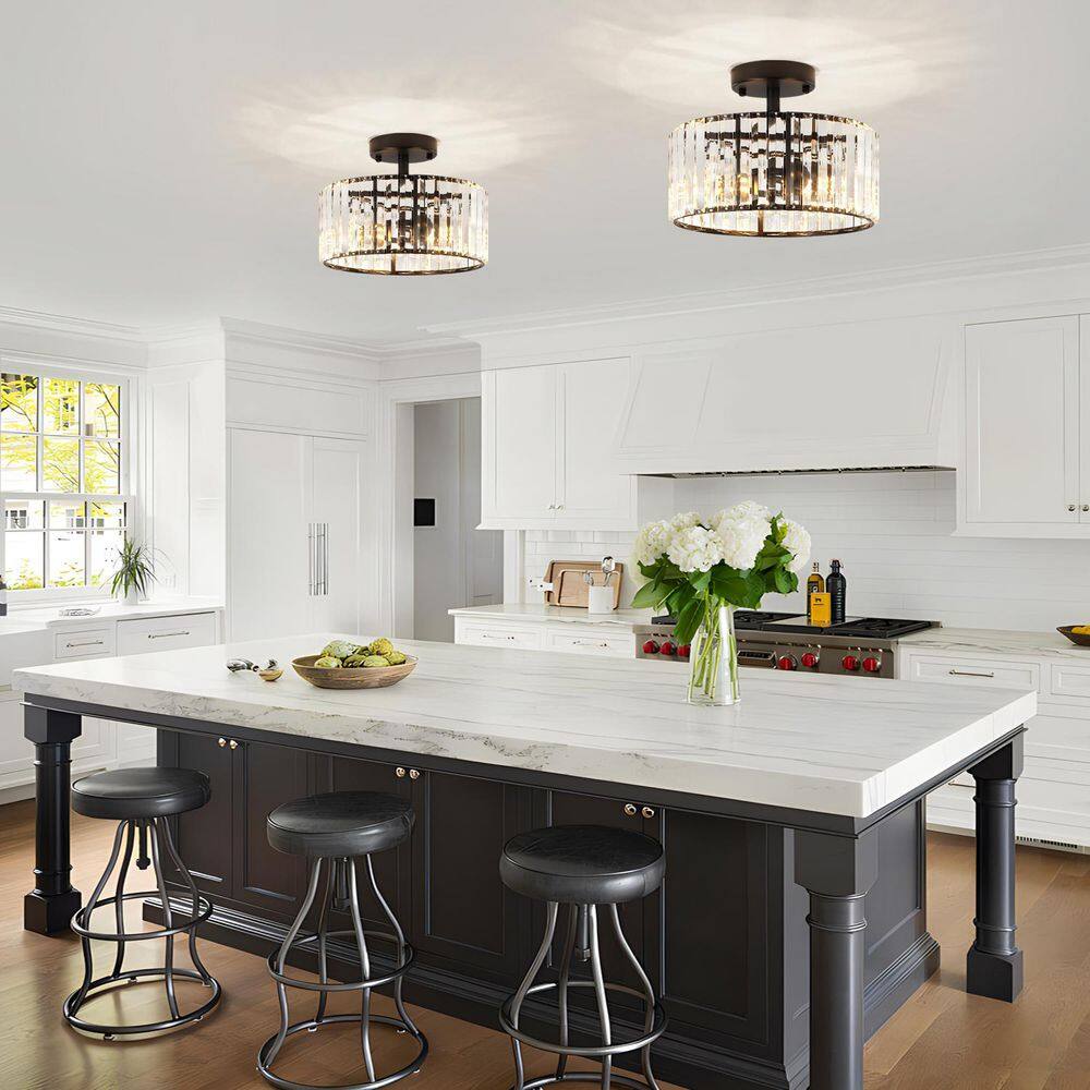 11.8 in. 3-Light Black Modern Drum Semi-Flush Mount Ceiling Light With Crystal Shade - Hercitys