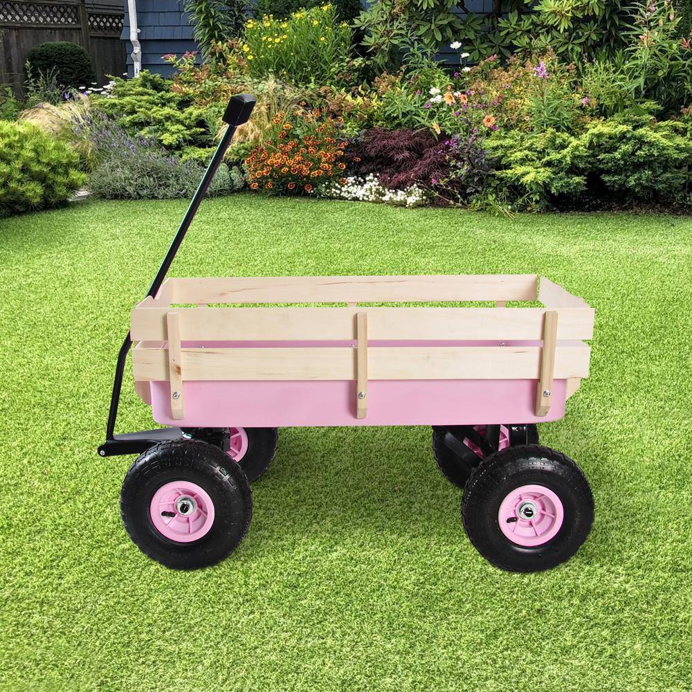 3 cu. ft. Metal Outdoor All Terrain Pulling Garden Cart with Wooden Railings in Pink - Hercitys