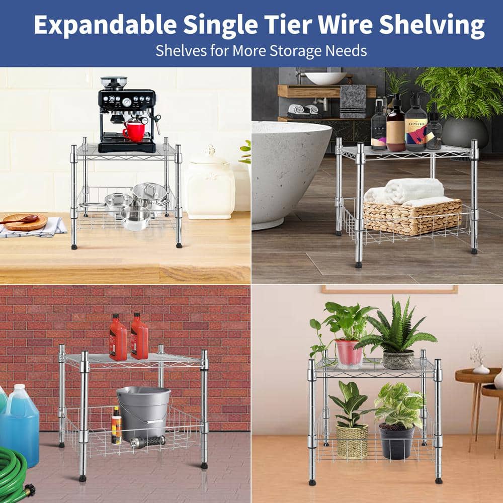 1 Tier Metal Stackable Household Shelving Unit in Chrome with Basket (13.8 in. W x 14.6 in. H x 15 in. D) - Hercitys