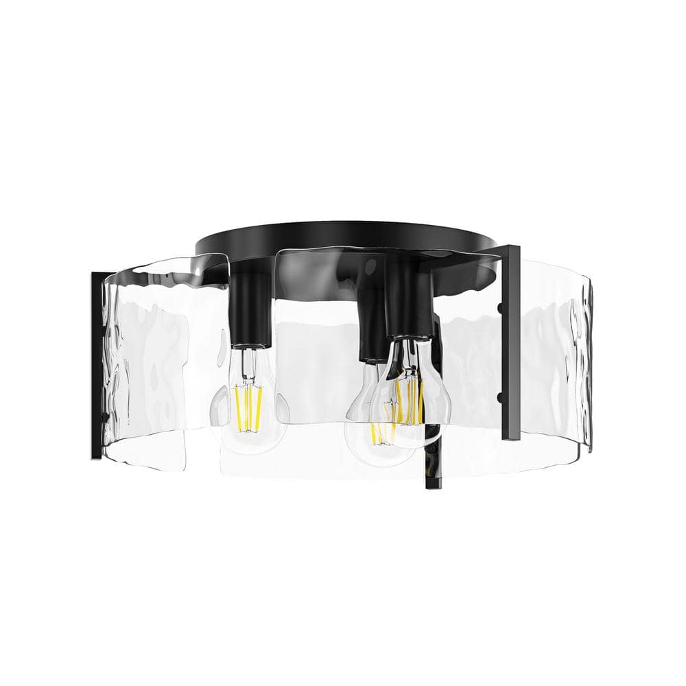 14.17 in. 3-Light Industrial Black Flush Mount Modern Ceiling Lighting Fixture with Water Glass Shade - Hercitys