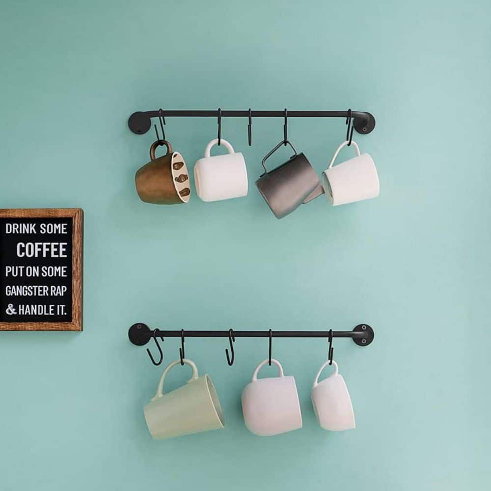 2-Pack 17 in. Black Wall Mounted Mug Holder with 10-Mug Hook, Coffee Cup Rack Hanger, Tea Cups Storage Organizer - Hercitys