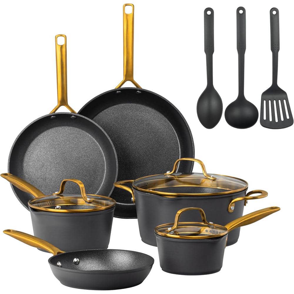 14-Pieces Hard Anodized Aluminum Armor Max Gold Heavy Duty 4-Layer Ultra Release Nonstick Cookware Set - Hercitys