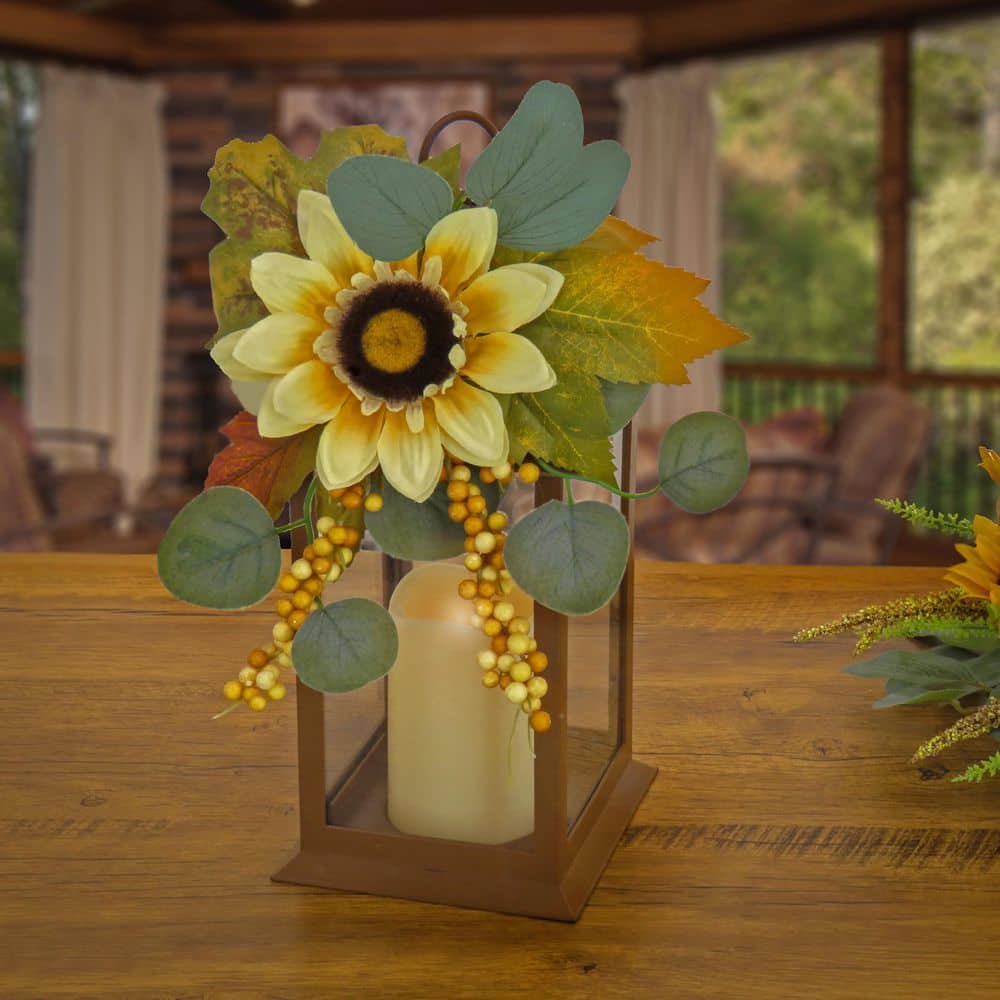 13″ Sunflower and Eucalyptus Decorated Harvest Lantern - Hercitys