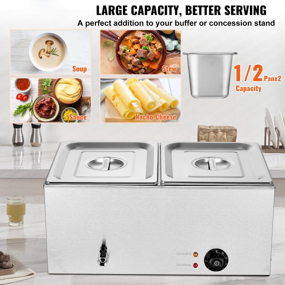 2-Pan Commercial Food Warmer, 18 qt. Electric Steam Table, 1200-Watt Bain Marie with Temperature Control Stainless Steel - Hercitys