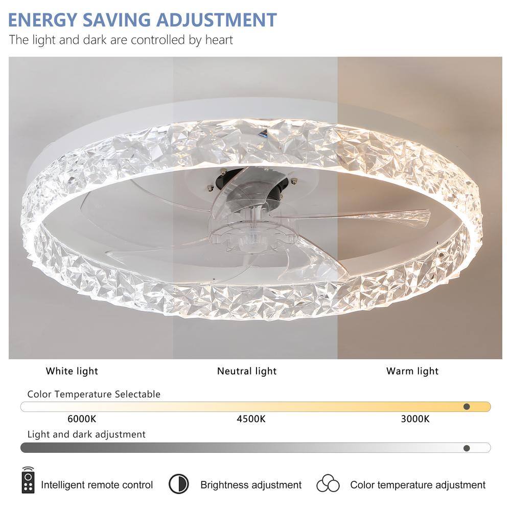 20in. W Integrated LED Ceiling Fan with Light Flush Mount, Dimmable/6 Speeds/Timer/Reversible/Memory (Blade and Crystal) - Hercitys