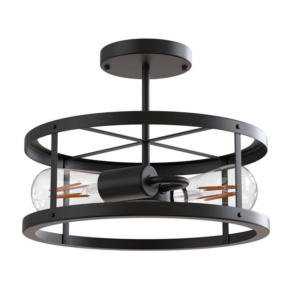13 in. 2-Light Matte Black Drum Flush Mount Lighting Dimmable Metal Ceiling Light Fixture for Living Rooms - Hercitys