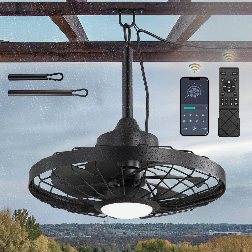 20 in. Outdoor Black Ceiling Fan with lights, IP65 Waterproof Hanging Fan with Remote Control Smart App for Patio Porch - Hercitys