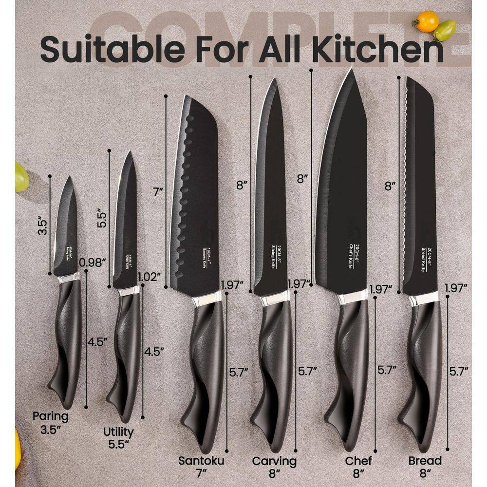 15-Piece German High Carbon Stainless Steel Knife Block Set in Black with Build-in Knife Shapener, Dishwasher Safe - Hercitys