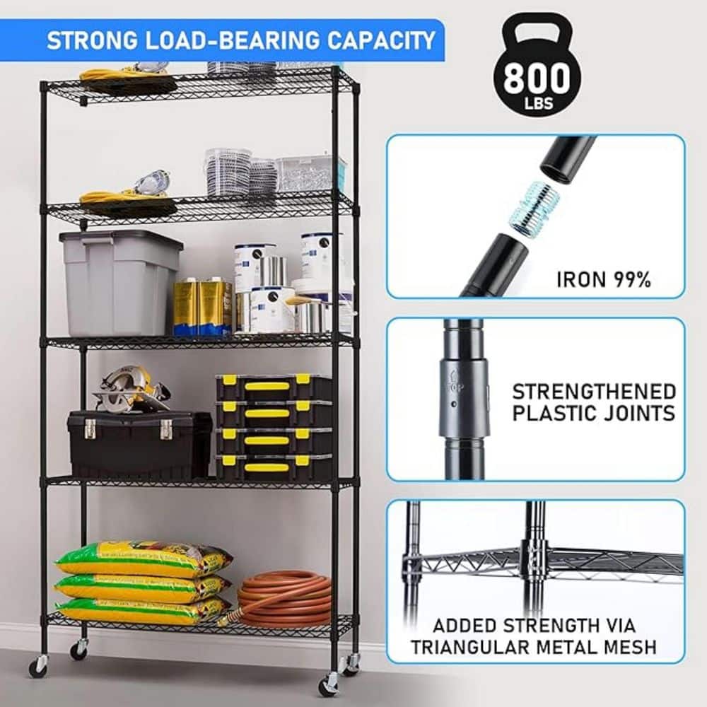 5-Tier Storage Shelves, Kitchen Pantry with Adjustable, Heavy Duty Wire Metal Shelving Unit, Black - Hercitys