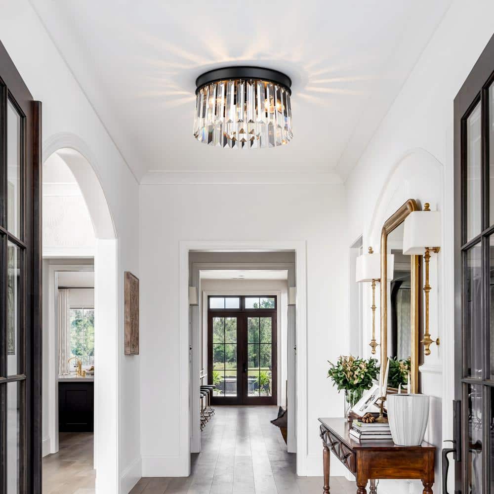 12 in. 3-Light Modern Black Round Flush Mount Ceiling Light with 2 Tiers Clear Crystal Shades - Hercitys