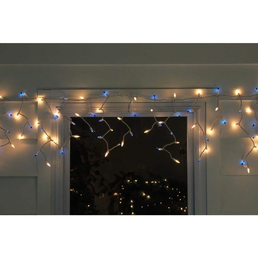 50-Light Blue and Clear Mini Window Curtain Icicle Christmas Lights with White Wire - Hercitys