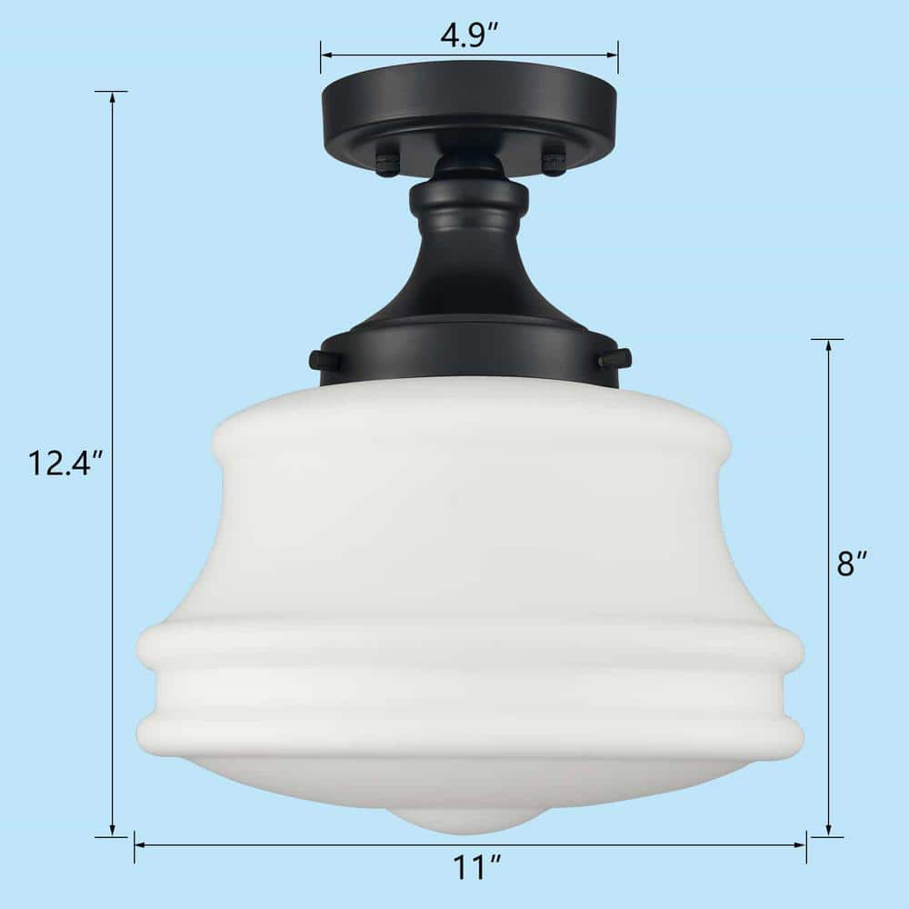 11 in. 1-Light Black Modern Semi-Flush Mount with Frosted Glass Shade and No Bulbs Included (1-Pack) - Hercitys