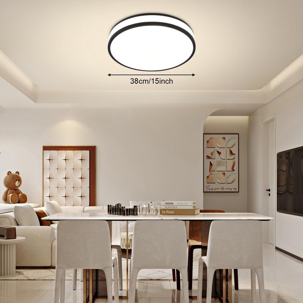 15 in. Black and White Modern Round Flush Mount Ceiling Light with Acrylic Shade and 3-Color Integrated LED - Hercitys