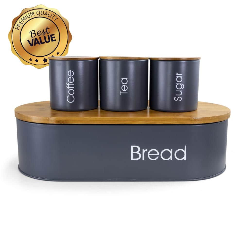 4-Piece Metal Canister Set and Bread Box with Bamboo Cutting Board Lid in Gray - Hercitys