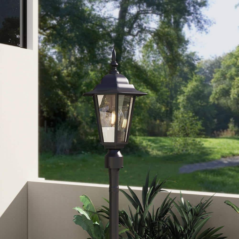 1-Light Textured Black Outdoor Post Lantern with Clear Glass - Hercitys