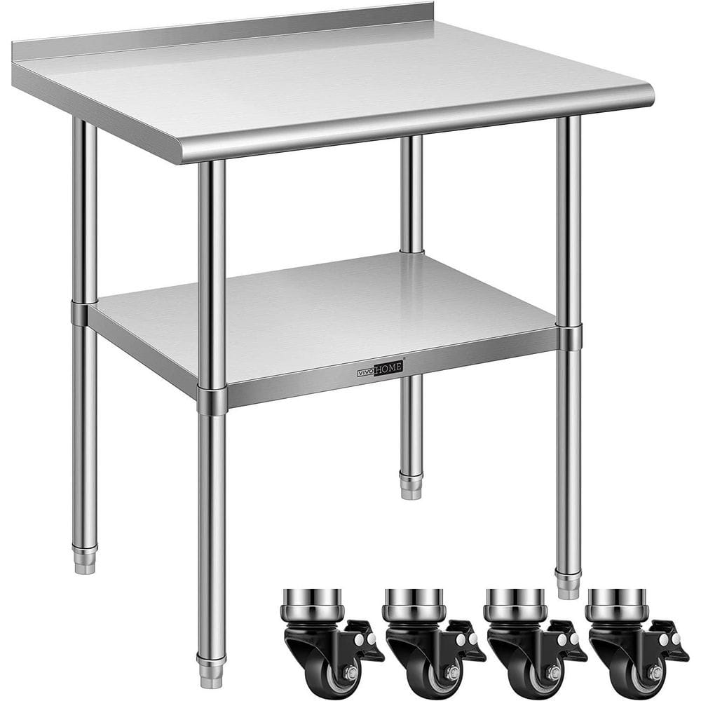 24 in. x 30 in. Stainless Steel Kitchen Utility Table with Backsplash and Wheels - Hercitys