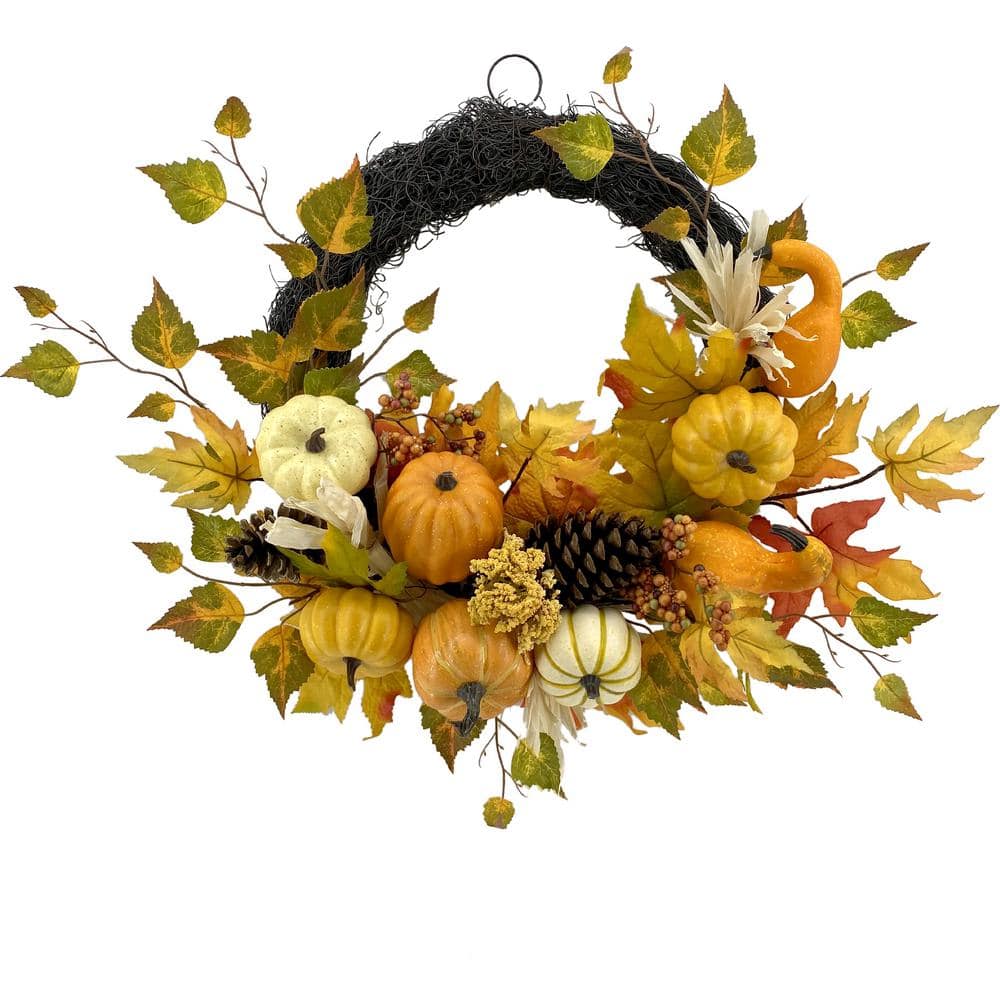 22 in. Fall Pumpkin, Leaves and Pinecone Wreath - Hercitys