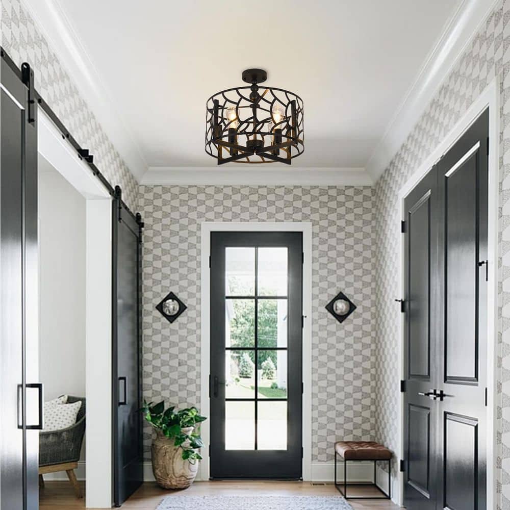 18.9 in. 4-Light Black Industrial Cage Drum Semi-Flush Mount - Hercitys