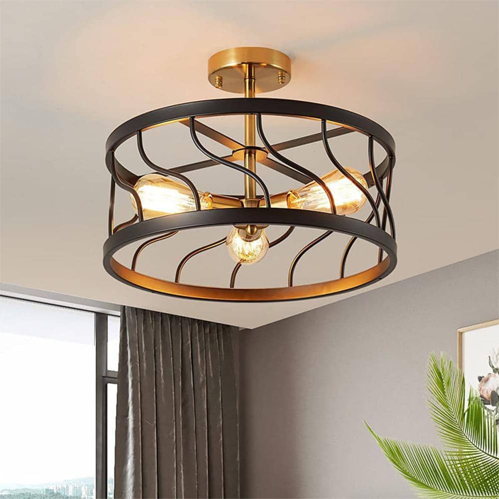 3-Light Black and Gold Semi Flush Mount Ceiling Light,Farmhouse Kitchen Ceiling Light with Drum Cage for Hallway Bedroom - Hercitys