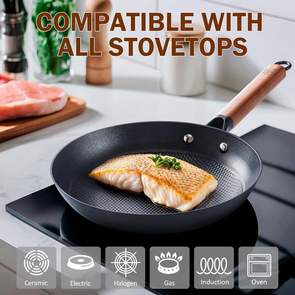 10 in. Cast Iron Nonstick Frying Pan Skillet with Detachable Acacia Wooden Handle, Honeycomb Non Stick Omelet Egg Pan - Hercitys
