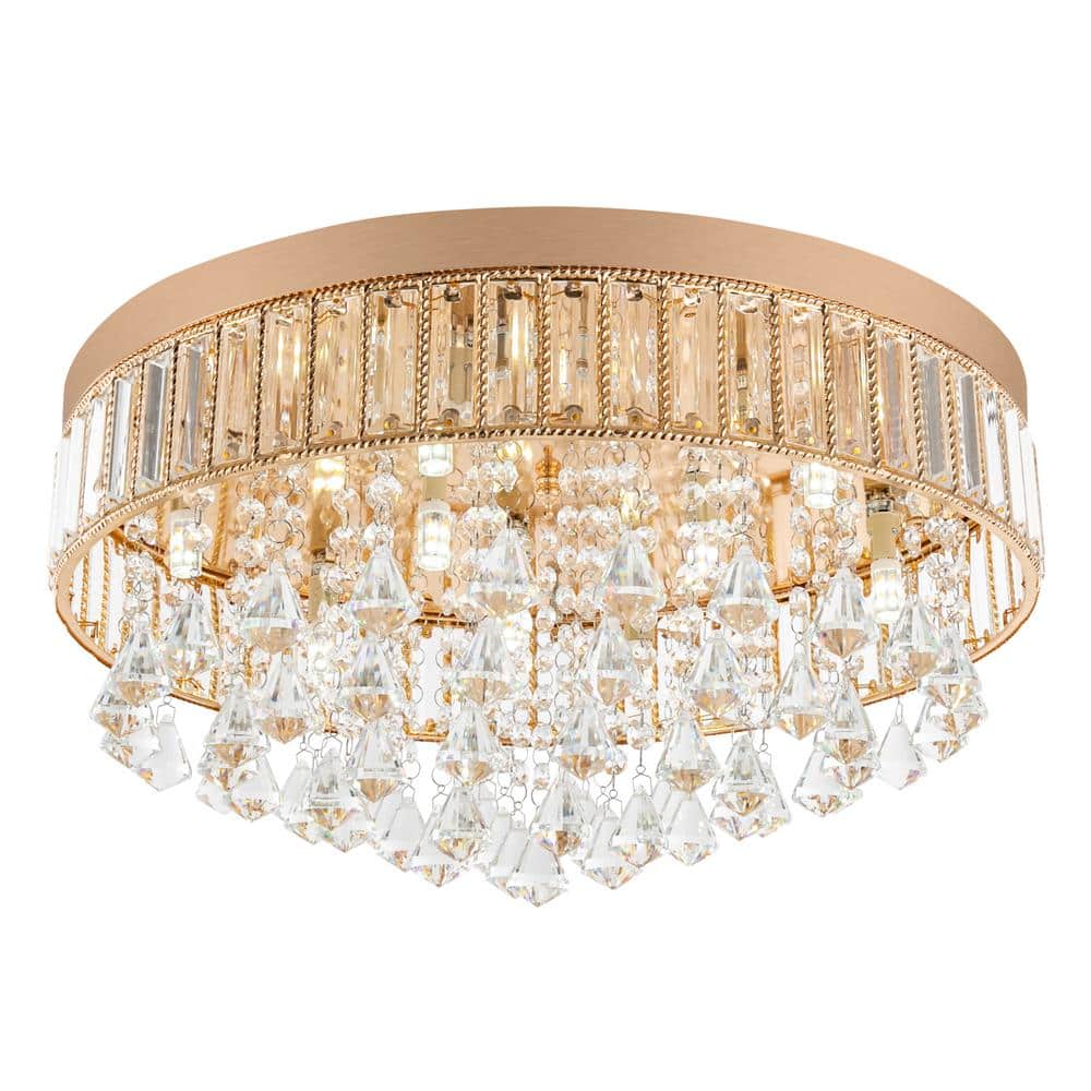 19.68 in. 9-Light Gold Modern Round Flush Mount Ceiling Light with Clear Crystal Shade and No Bulbs Included - Hercitys