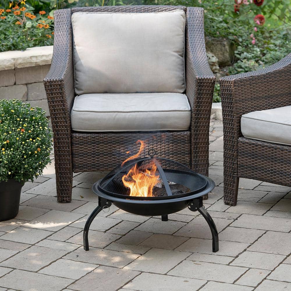 21.25 in. Round Steel Portable Wood Fire Pit with Folding Legs, Carry Bag, Screen, Screen Lift, Log Grate, Cooking Grid - Hercitys