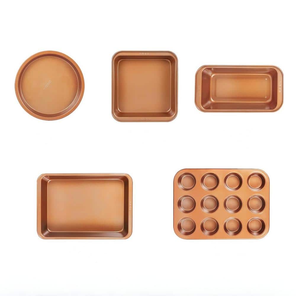 5-Piece Gold and Grey Nonstick Bakeware Set with Round Cake Pan, Square Cake Pan, Loaf Pan and Muffin Pan For Baking - Hercitys