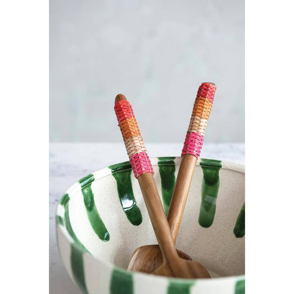 2-Piece Teakwood Salad Servers with Rattan Wrapped Handles and Drawstring Bag - Hercitys
