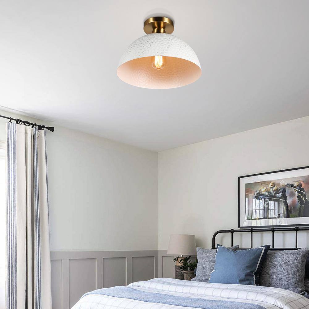 11.75 in. 1-Light Gold Farmhouse Semi-Flush Mount Ceiling Light With White Metal Shade - Hercitys