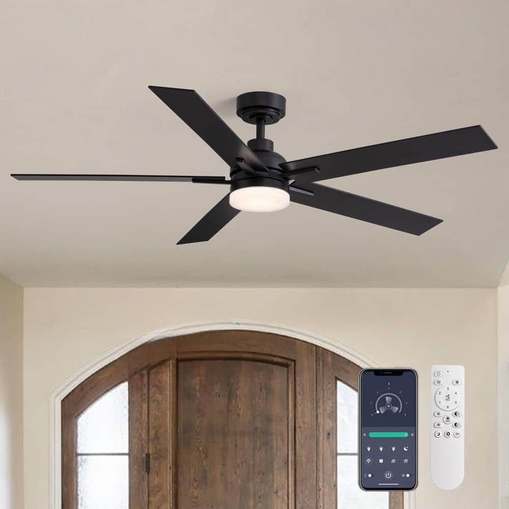 56 in. Modern Smart Indoor Black Ceiling Fan with Dimmable LED Light and APP Remote Control - Hercitys