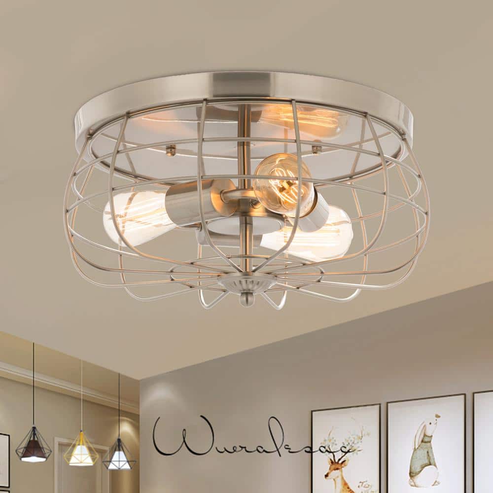 15 in. Industrial 3-Light Brushed Nickel Metal Cage Flush Mount - Hercitys