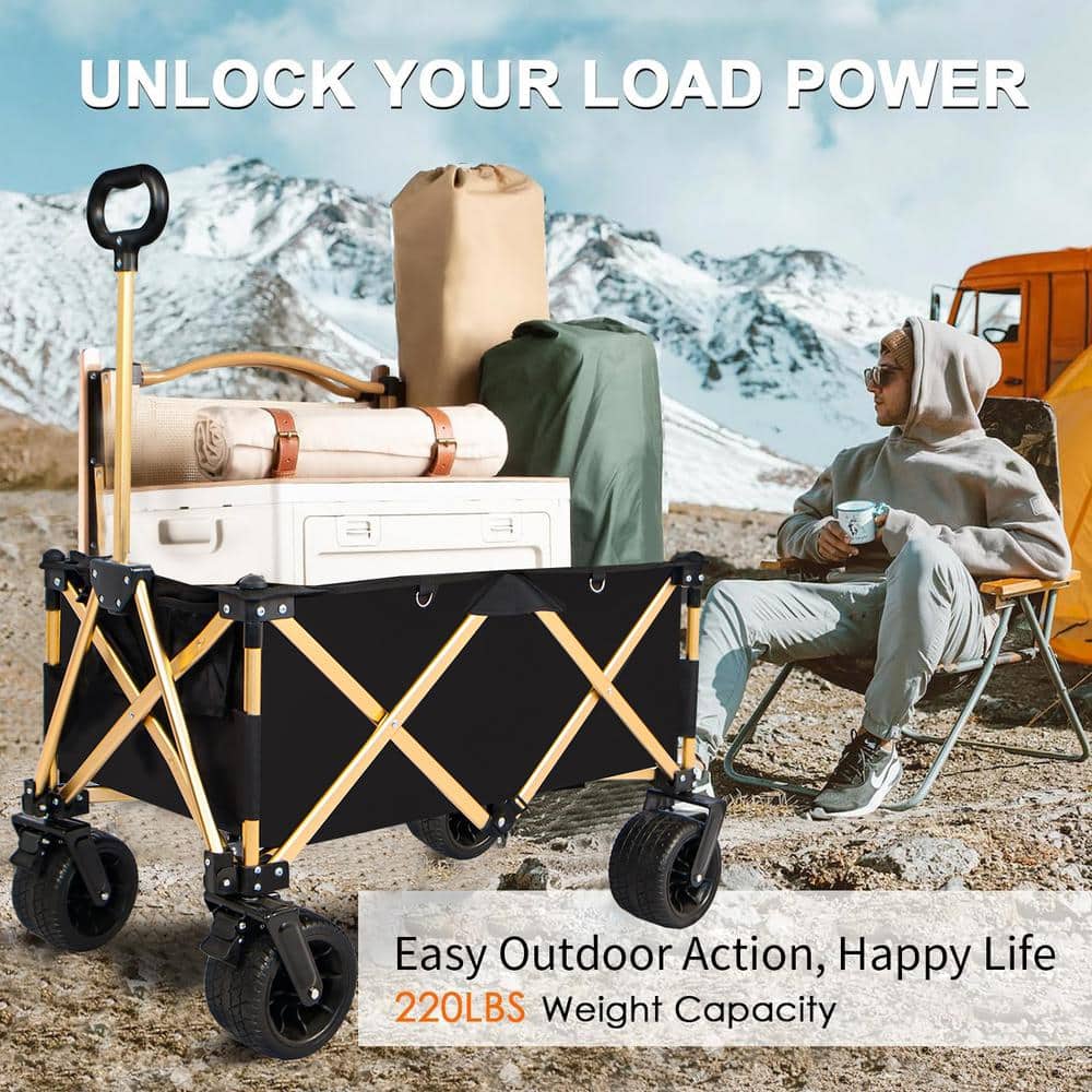 4.5 cu. ft. Folding Wagon, Steel Beach Wagon Cart for Sand Adjustable Handle&Drink Holders Aluminum Alloy Garden Cart - Hercitys