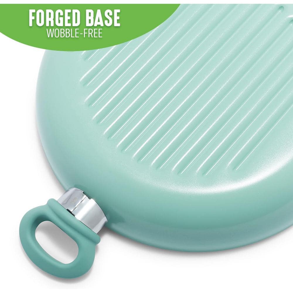 11 in. Healthy Ceramic Nonstick Round Dishwasher Safe Grill Pan in Turquoise with 2 Soft Grip Handles and Glass Lid - Hercitys