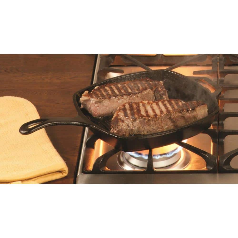 10.5 in. Cast Iron Pre-Seasoned and Ready-to-use Square Grill Pan in Black with Red Silicone Hot Handle Holder - Hercitys