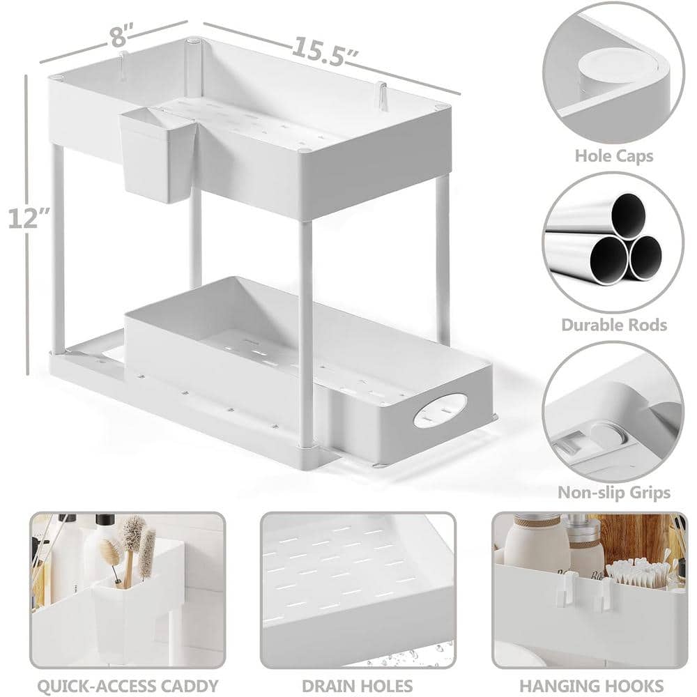 2-Tier White Sliding Under Sink Organizer Storage Cabinet Basket Drawer - Hercitys