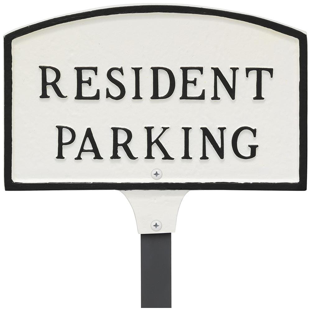 10 in. x 15 in. Standard Arch Resident Parking Statement Plaque Sign with 23 in. Lawn Stakes – White/Black - Hercitys