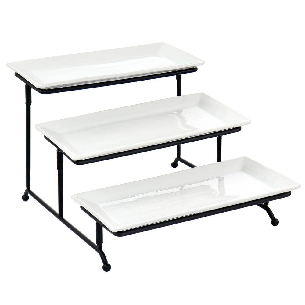 12.50 in. x 5 in. x 12 in. 3-Tier White Porcelain Rectangular Plate Serveware Set - Hercitys