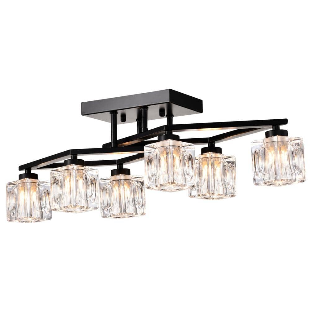 24.9 in. 6-Light Black Modern Farmhouse Flush Mount with Cube Shade - Hercitys