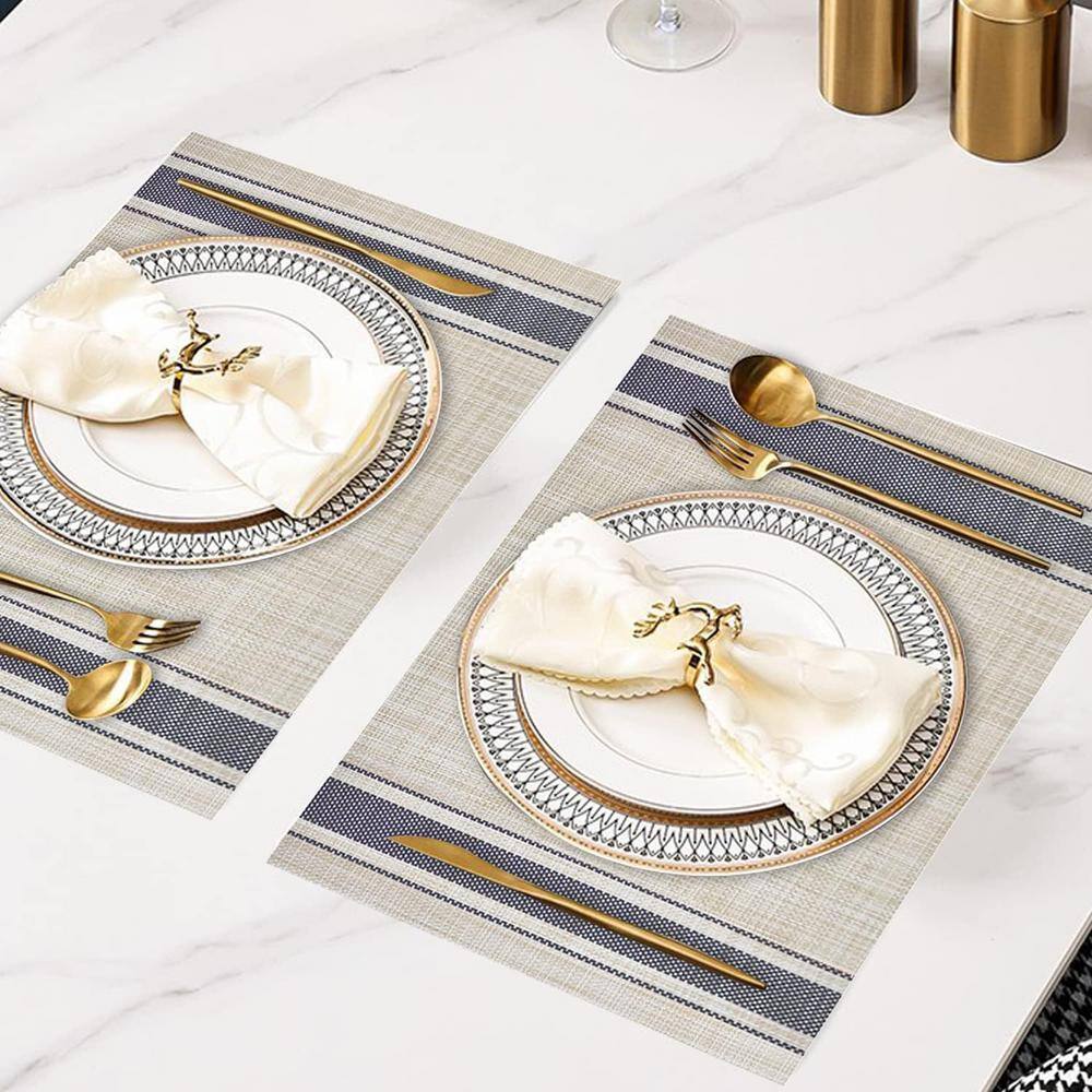 18 in. x 12 in. Blue Stripes Placemats Soft and Elegant Woven Vinyl, Water Resistant and Washable Table Mats Set of 6 - Hercitys