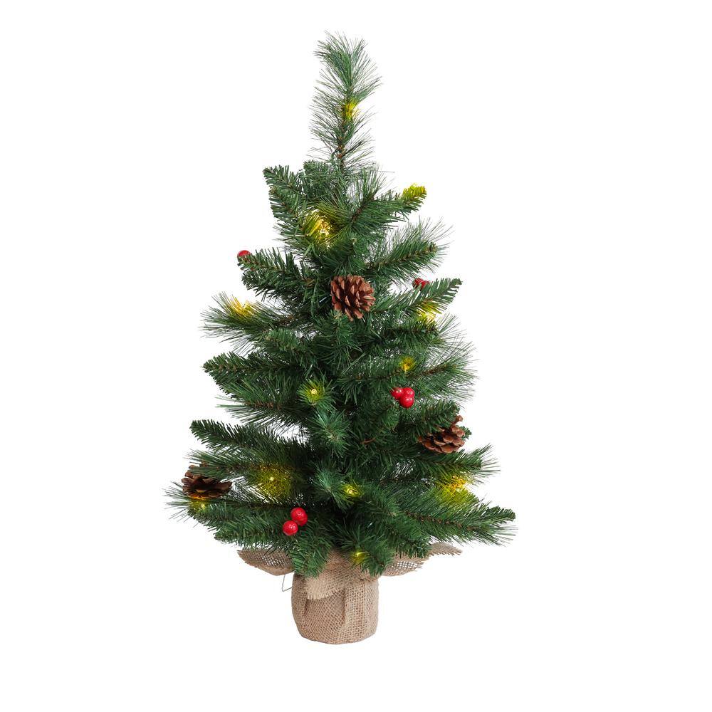 2 ft. Pre-Lit Artificial Christmas Tree with Decorative Pinecones and Burlap Base - Hercitys