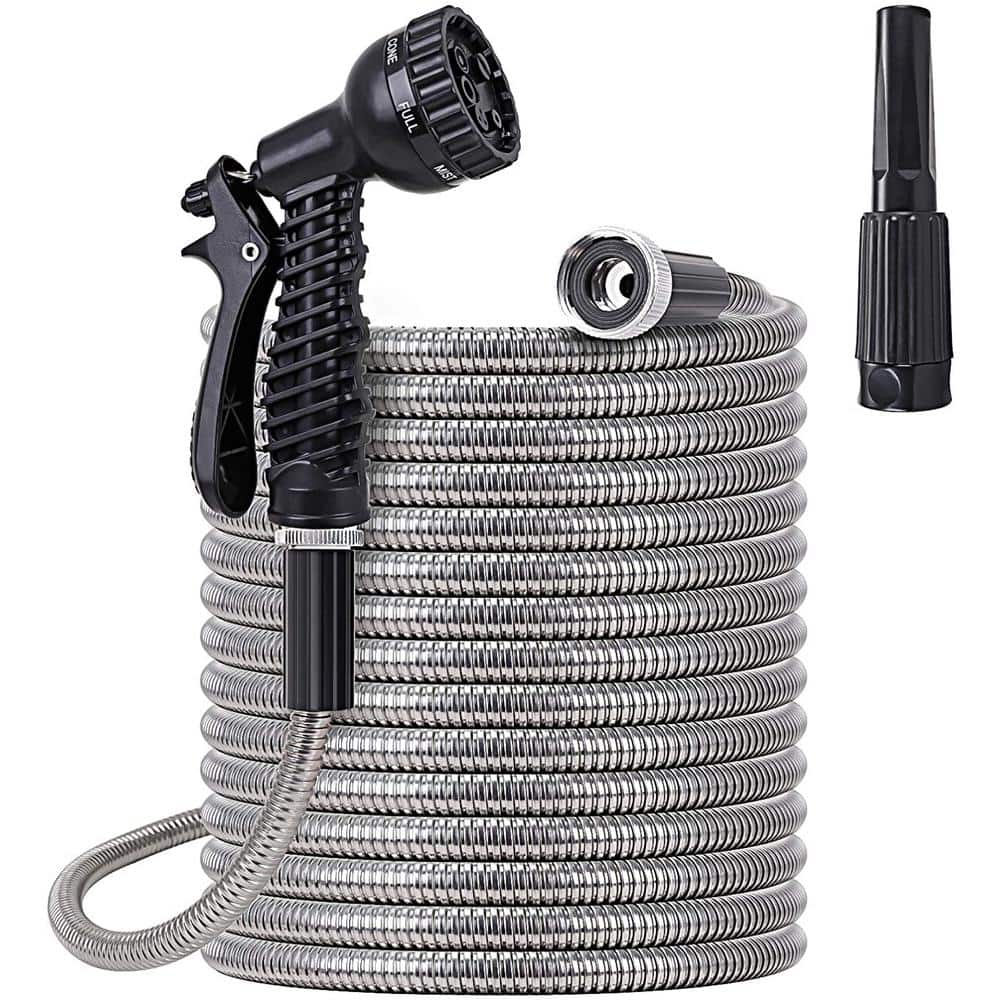 3/4 Fitting Size in. Dia x 75 ft. Stainless Steel Lightweight Garden Hose, 180 Bar Metal Water Hose with 2 Nozzles - Hercitys