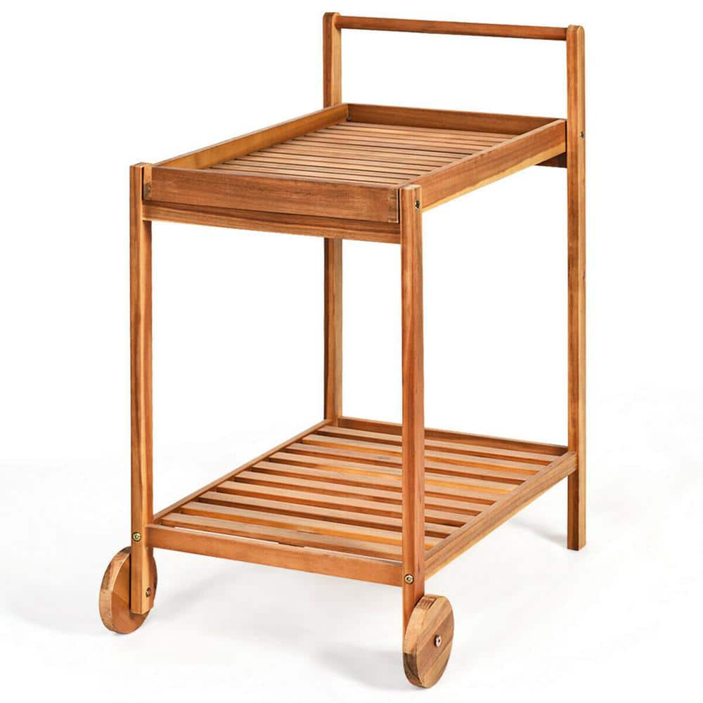 2-Tier Acacia Rolling Kitchen Trolley Cart Dining Serving Cart Outdoor w/Wheels - Hercitys