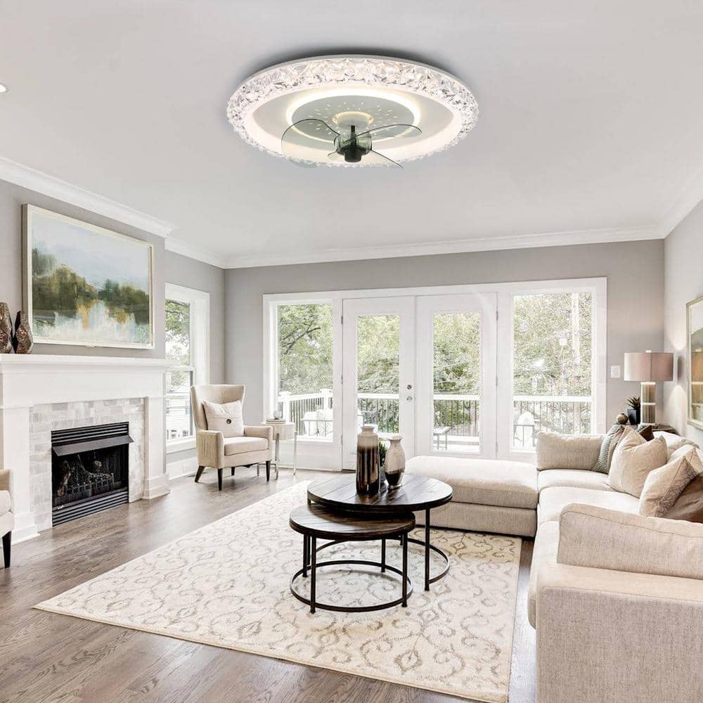 20 in Indoor Crystal White Ceiling Fan with Integrated LED Light 6-Speed Low Profile Fandelier Smart Remote App - Hercitys