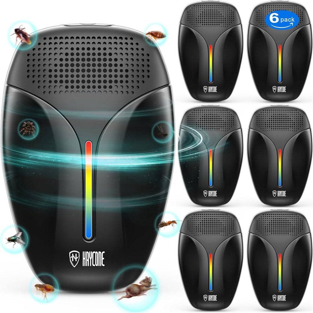 3-5-Watt Black Ultrasonic Repellent for Roach, Rodent, Mouse, Bugs, Mosquito,Spider, Ant w/3 Mode Switching (6-Pack) - Hercitys