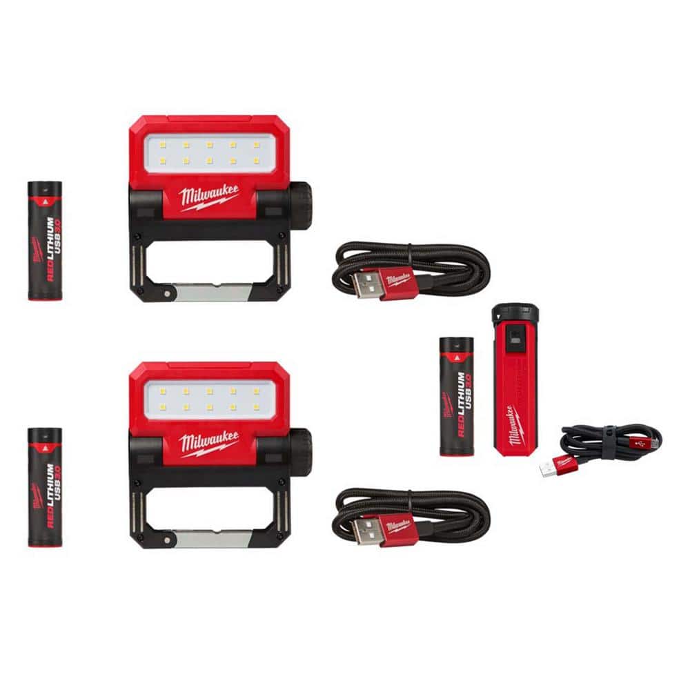 550 Lumens LED REDLITHIUM USB Pivoting Flood Light (2-Pack) with USB Charger and Power Source Kit - Hercitys