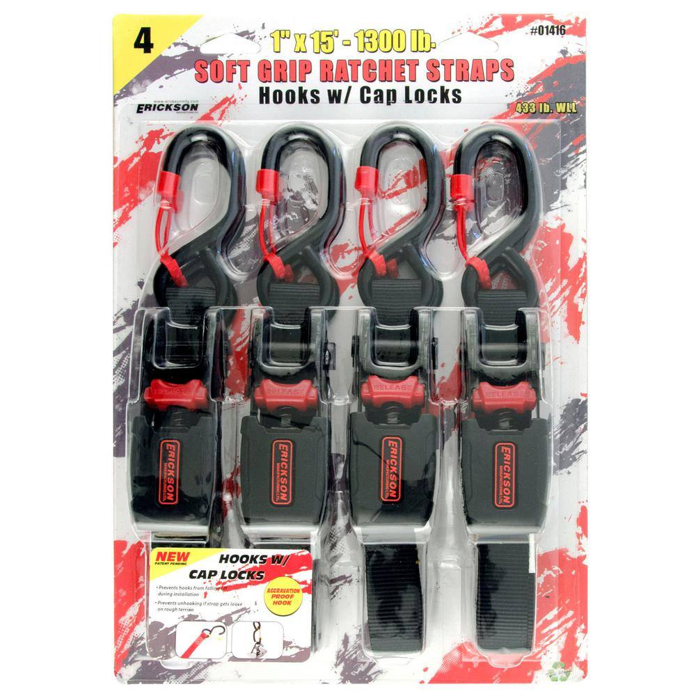 15 ft. x 1 in. Soft Grip Ratchet Strap with Cap Lock (4-Pack) - Hercitys