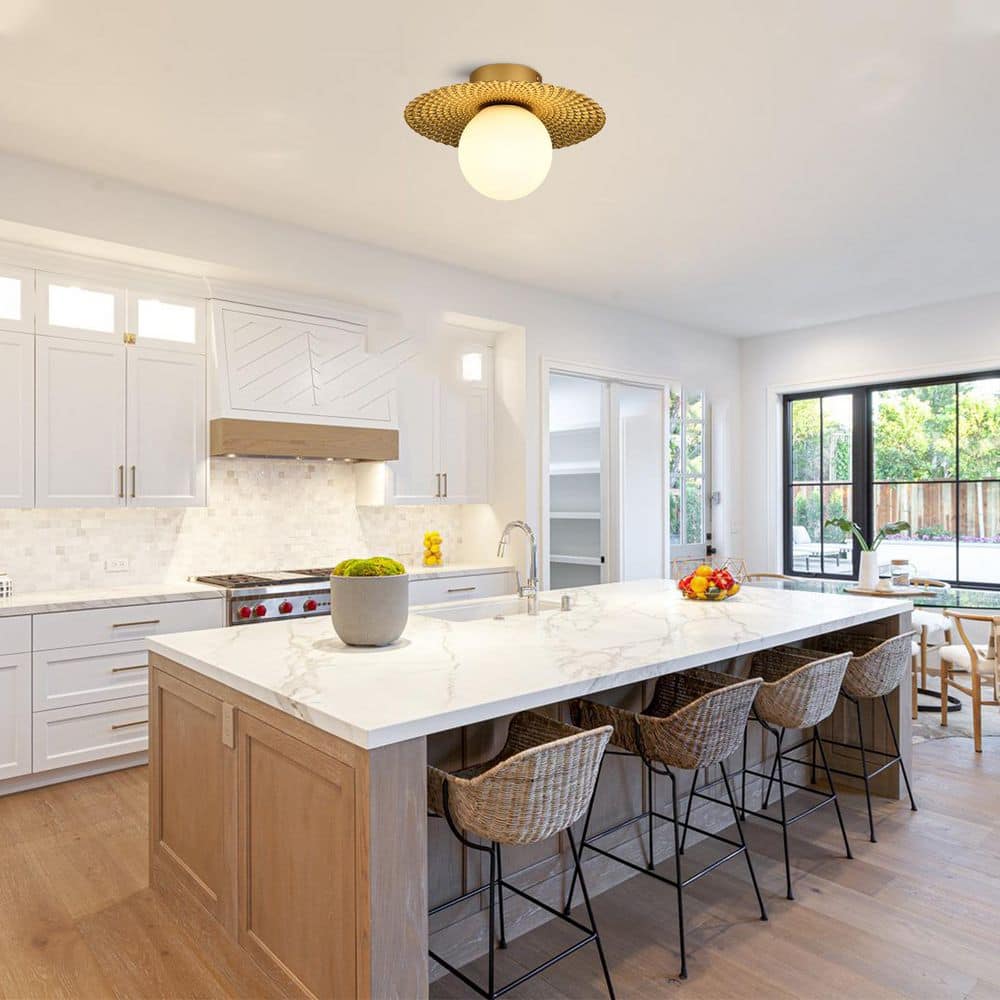 12.6 in. 1-Light Golden Diffuser Semi-Flush Mount Ceiling Light with Metal Pleated Shade and White Glass Shade - Hercitys